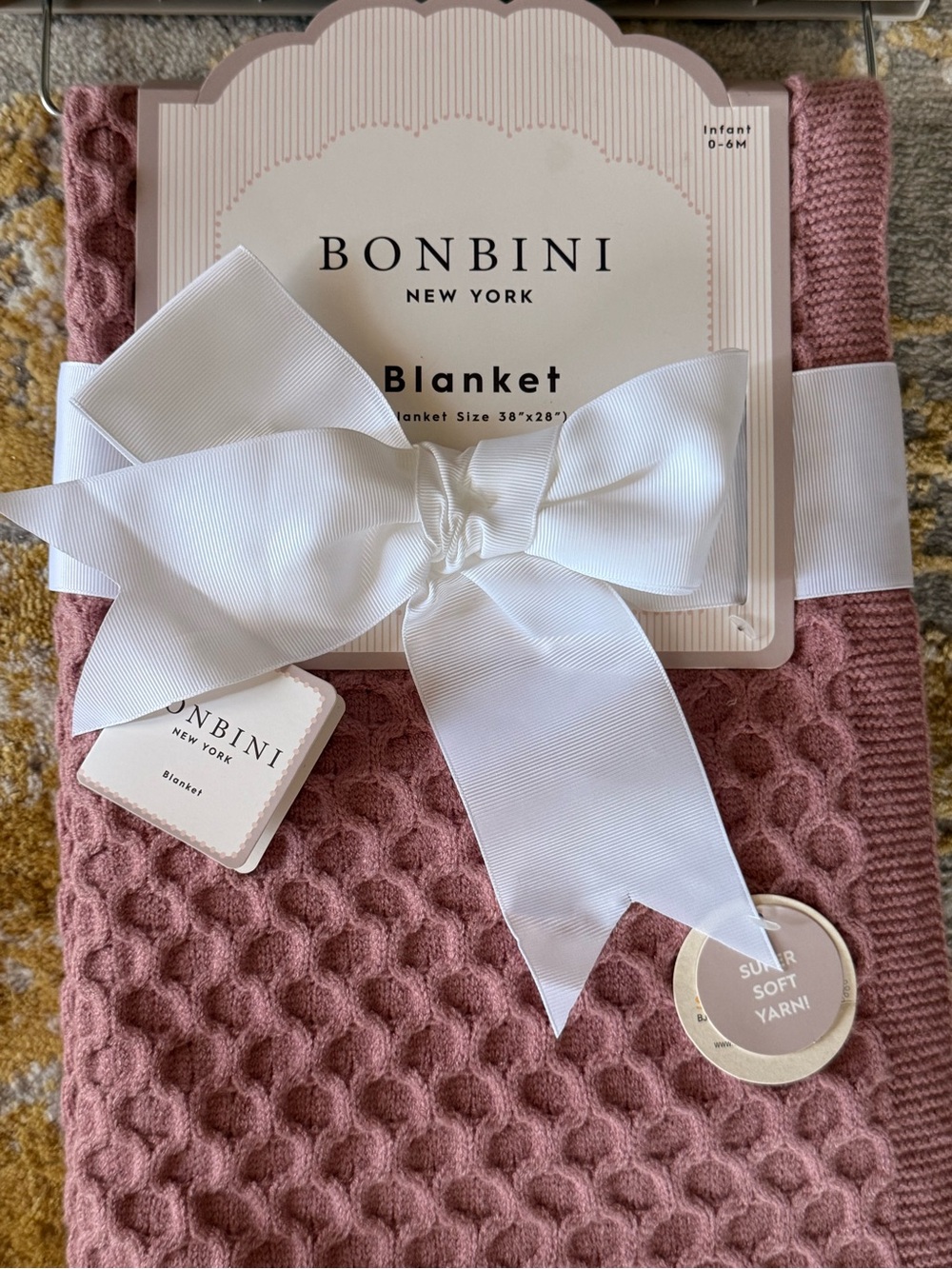 BONBINI New York Knit Baby Blanket Dusty Rose Pink 38” x 28” Infant 0-6M NWT